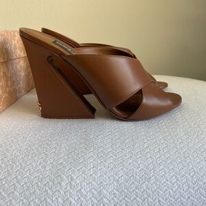 Dolce and Gabbana Keira Slide Brown Leather Wedge Sandals